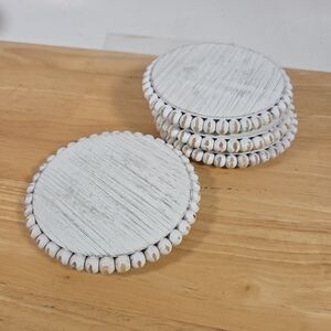 Mud Pie Beaded Wood Coaster Set In White New Rustic Primitive